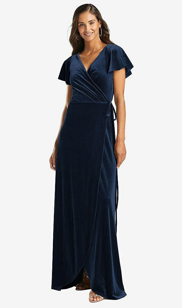 Front View - Midnight Navy Flutter Sleeve Velvet Wrap Maxi Dress with Pockets