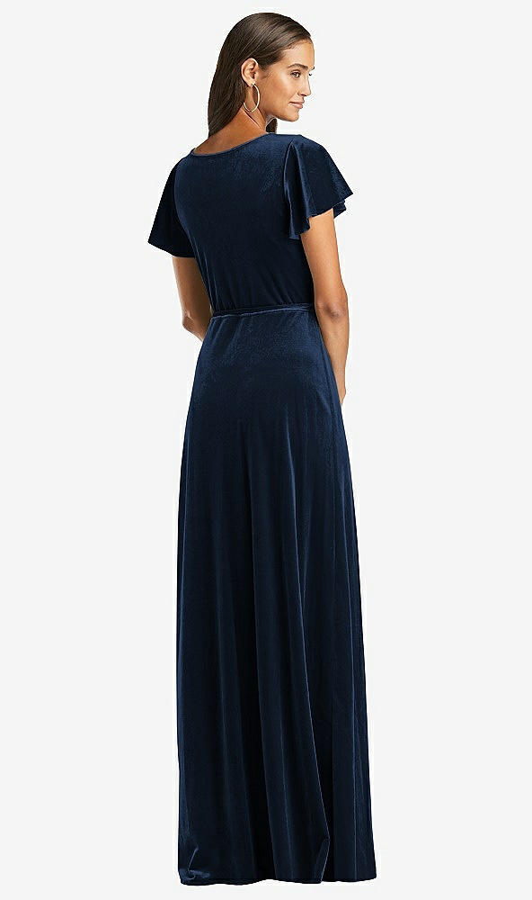 Back View - Midnight Navy Flutter Sleeve Velvet Wrap Maxi Dress with Pockets