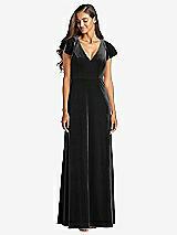 Front View Thumbnail - Black Flutter Sleeve Velvet Maxi Dress with Pockets
