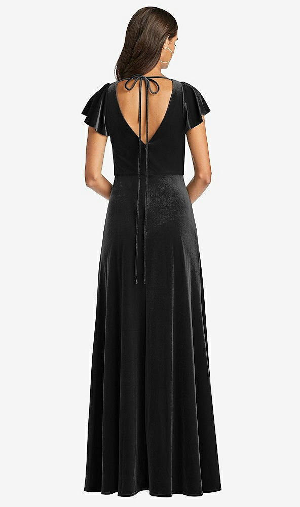Back View - Black Flutter Sleeve Velvet Maxi Dress with Pockets