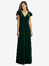 Front View Thumbnail - Evergreen Flutter Sleeve Velvet Maxi Dress with Pockets