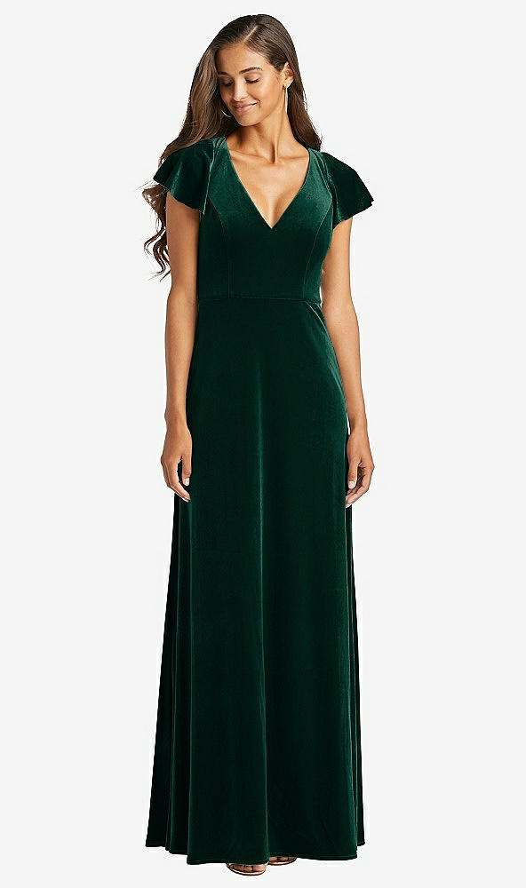 Front View - Evergreen Flutter Sleeve Velvet Maxi Dress with Pockets