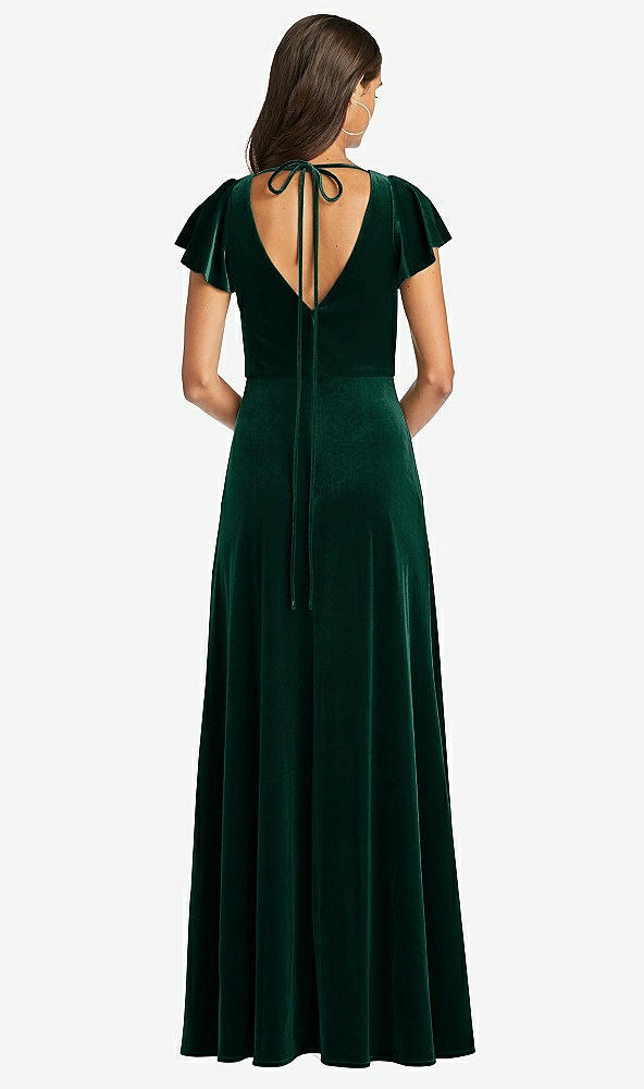 Back View - Evergreen Flutter Sleeve Velvet Maxi Dress with Pockets