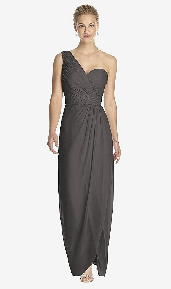 Front View - Caviar Gray One-Shoulder Draped Maxi Dress with Front Slit - Aeryn