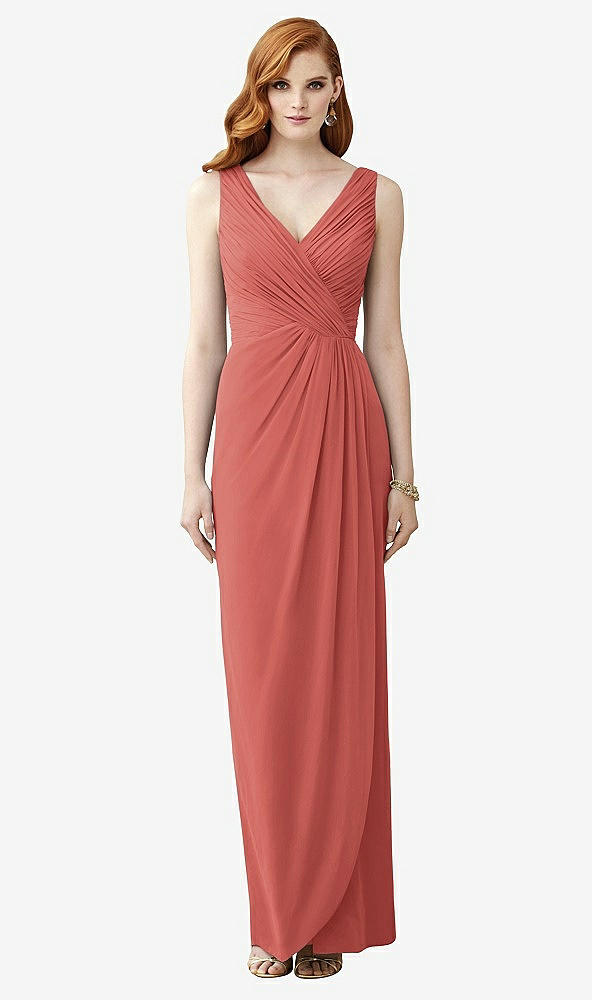 Front View - Coral Pink Sleeveless Draped Faux Wrap Maxi Dress - Dahlia