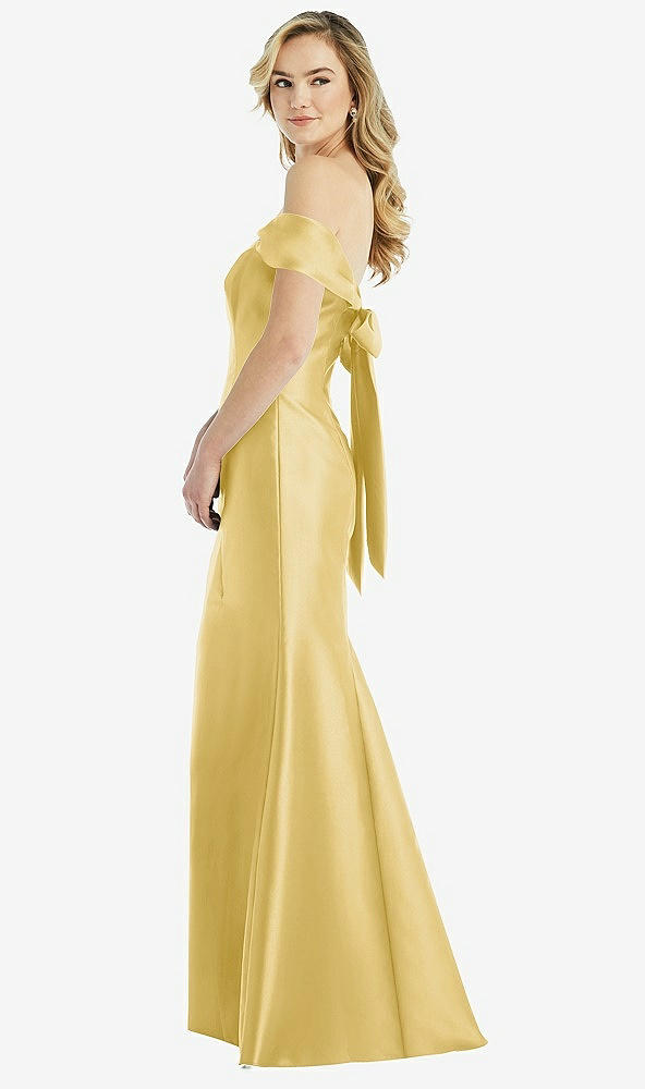 Front View - Maize Off-the-Shoulder Bow-Back Satin Trumpet Gown