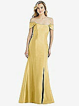 Side View Thumbnail - Maize Off-the-Shoulder Bow-Back Satin Trumpet Gown
