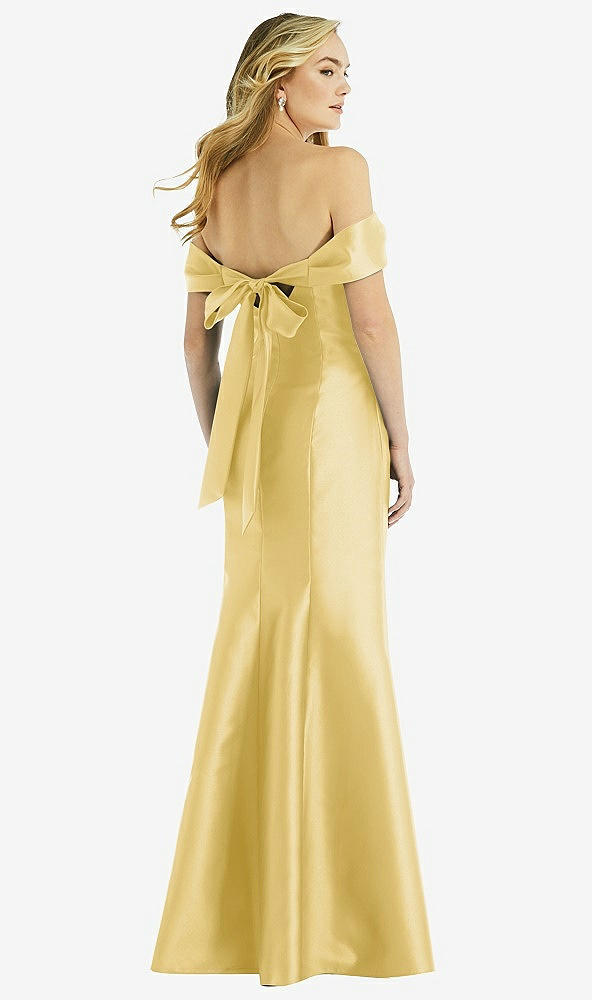 Back View - Maize Off-the-Shoulder Bow-Back Satin Trumpet Gown