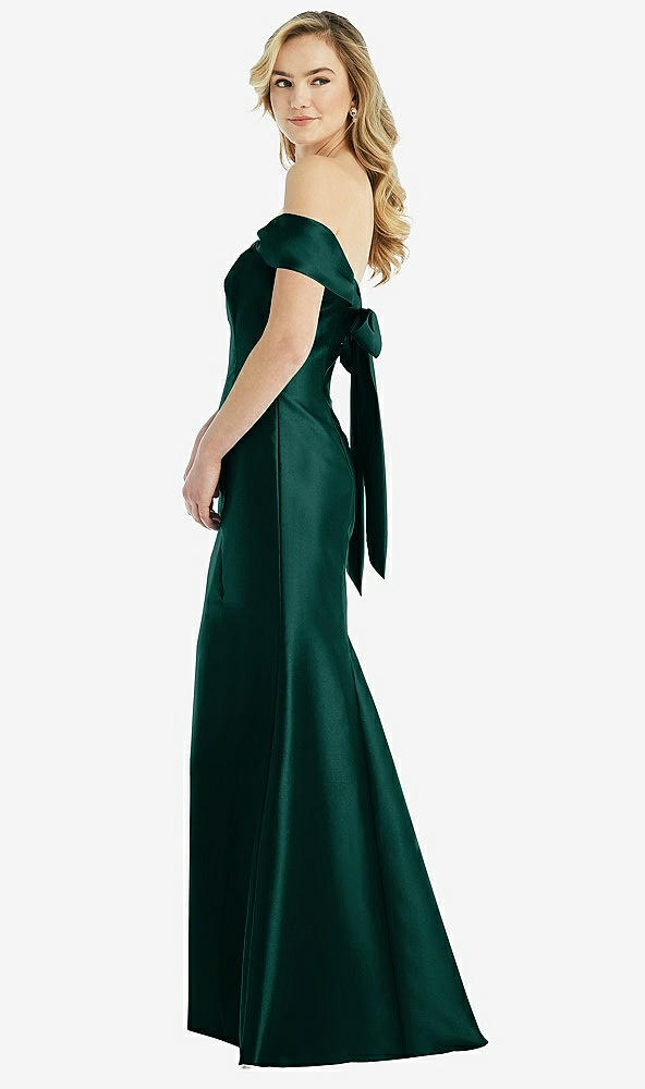 Front View - Evergreen Off-the-Shoulder Bow-Back Satin Trumpet Gown