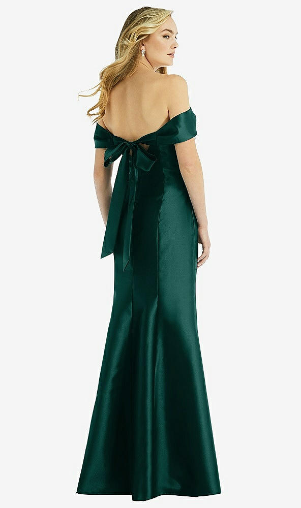 Back View - Evergreen Off-the-Shoulder Bow-Back Satin Trumpet Gown