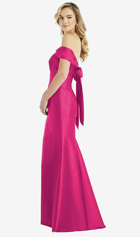 Front View - Think Pink Off-the-Shoulder Bow-Back Satin Trumpet Gown