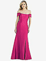 Side View Thumbnail - Think Pink Off-the-Shoulder Bow-Back Satin Trumpet Gown