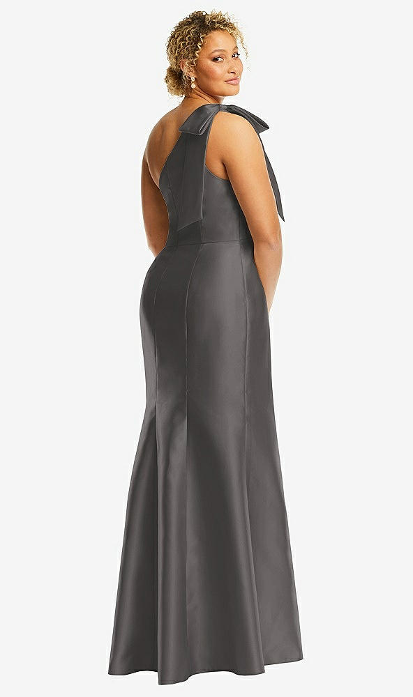 Back View - Caviar Gray Bow One-Shoulder Satin Trumpet Gown