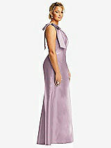 Side View Thumbnail - Suede Rose Bow One-Shoulder Satin Trumpet Gown