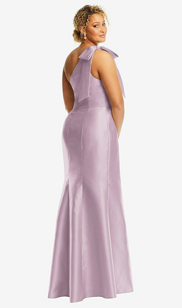 Back View - Suede Rose Bow One-Shoulder Satin Trumpet Gown