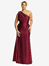 Front View Thumbnail - Burgundy Bow One-Shoulder Satin Trumpet Gown