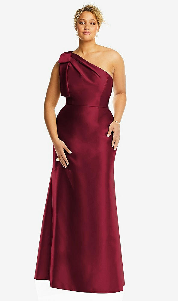 Front View - Burgundy Bow One-Shoulder Satin Trumpet Gown