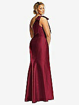 Rear View Thumbnail - Burgundy Bow One-Shoulder Satin Trumpet Gown