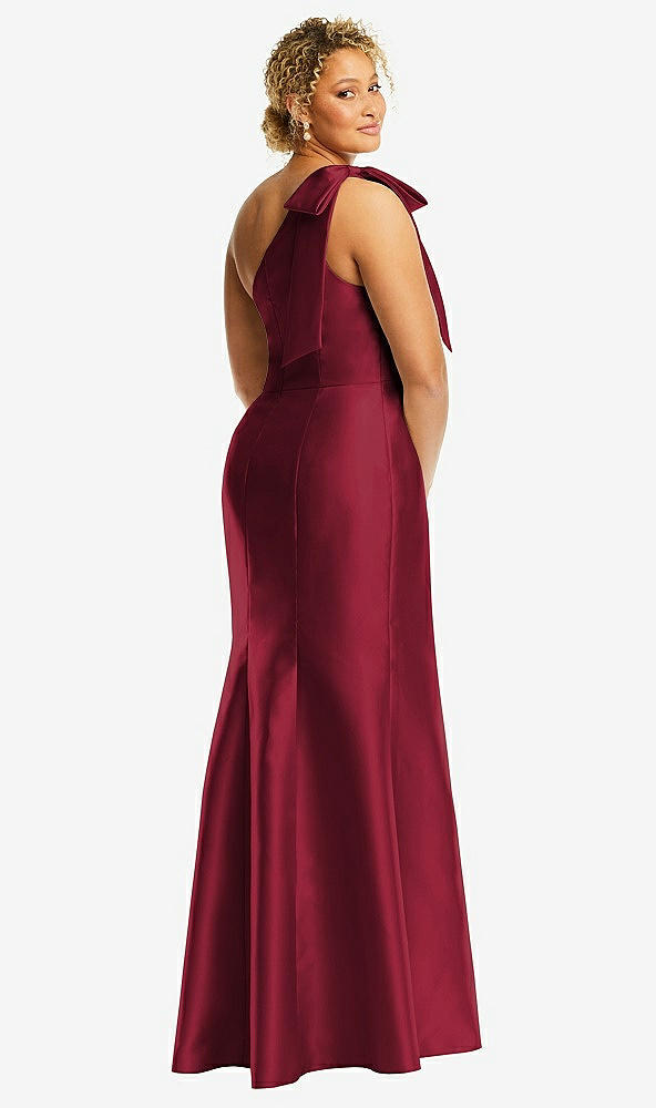 Back View - Burgundy Bow One-Shoulder Satin Trumpet Gown