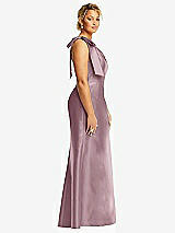 Side View Thumbnail - Dusty Rose Bow One-Shoulder Satin Trumpet Gown