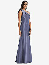 Alt View 2 Thumbnail - French Blue Bow One-Shoulder Satin Trumpet Gown
