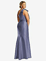 Rear View Thumbnail - French Blue Bow One-Shoulder Satin Trumpet Gown