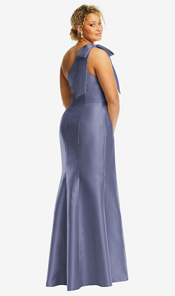Back View - French Blue Bow One-Shoulder Satin Trumpet Gown