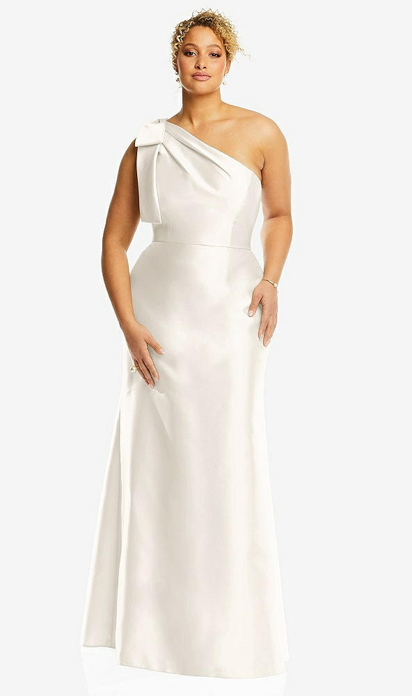 Front View - Ivory Bow One-Shoulder Satin Trumpet Gown