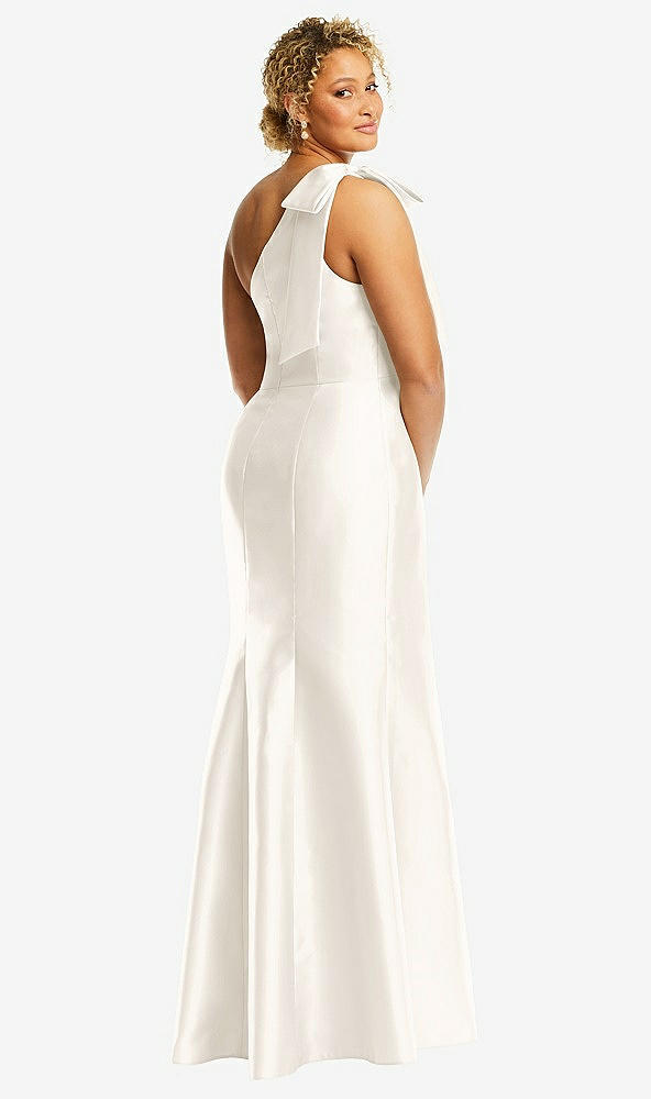 Back View - Ivory Bow One-Shoulder Satin Trumpet Gown
