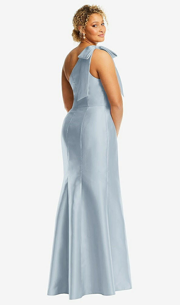 Back View - Mist Bow One-Shoulder Satin Trumpet Gown