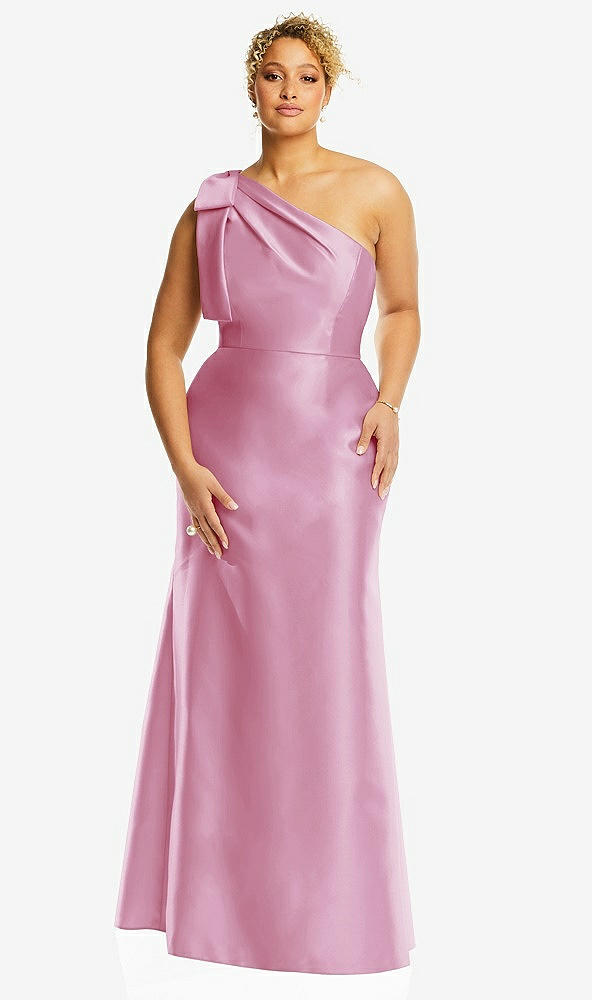Front View - Powder Pink Bow One-Shoulder Satin Trumpet Gown