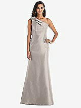 Alt View 1 Thumbnail - Taupe Bow One-Shoulder Satin Trumpet Gown