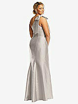 Rear View Thumbnail - Taupe Bow One-Shoulder Satin Trumpet Gown