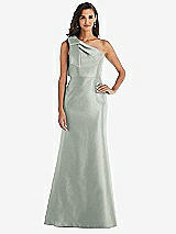 Alt View 1 Thumbnail - Willow Green Bow One-Shoulder Satin Trumpet Gown