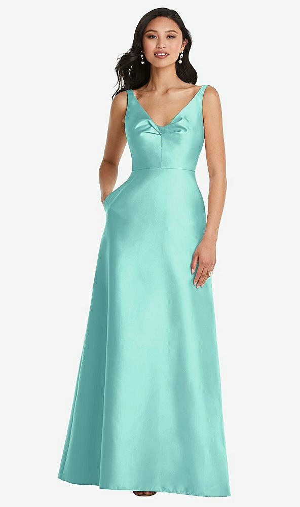 Front View - Coastal Pleated Bodice Open-Back Maxi Dress with Pockets