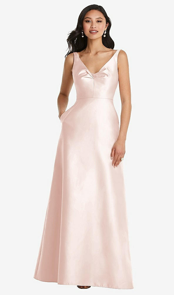 Front View - Blush Pleated Bodice Open-Back Maxi Dress with Pockets