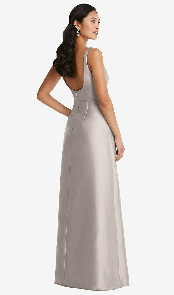 Back View - Taupe Pleated Bodice Open-Back Maxi Dress with Pockets
