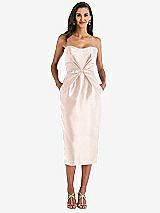 Front View Thumbnail - Blush Strapless Bow-Waist Pleated Satin Pencil Dress with Pockets