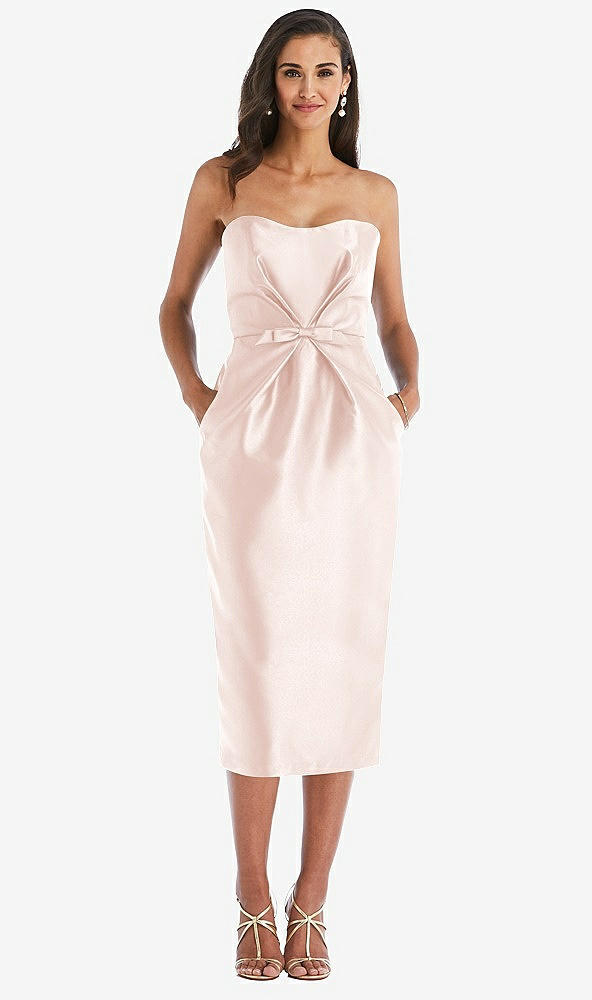 Front View - Blush Strapless Bow-Waist Pleated Satin Pencil Dress with Pockets