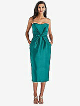 Front View Thumbnail - Jade Strapless Bow-Waist Pleated Satin Pencil Dress with Pockets