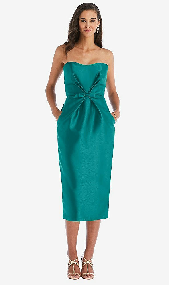 Front View - Jade Strapless Bow-Waist Pleated Satin Pencil Dress with Pockets
