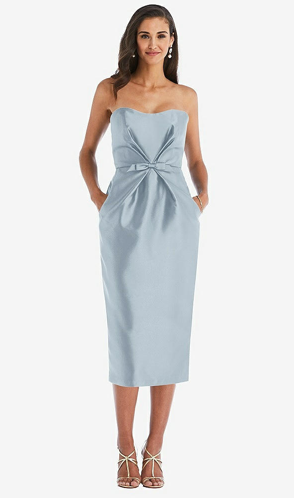 Front View - Mist Strapless Bow-Waist Pleated Satin Pencil Dress with Pockets