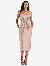Front View Thumbnail - Toasted Sugar Strapless Bow-Waist Pleated Satin Pencil Dress with Pockets
