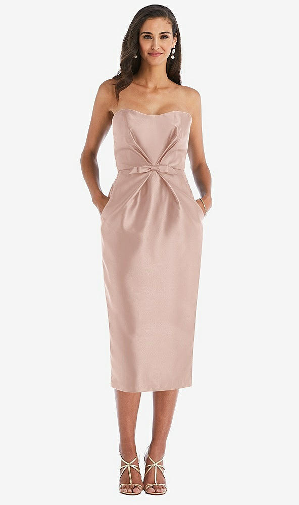 Front View - Toasted Sugar Strapless Bow-Waist Pleated Satin Pencil Dress with Pockets
