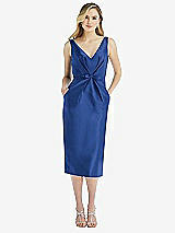 Front View Thumbnail - Classic Blue Sleeveless Bow-Waist Pleated Satin Pencil Dress with Pockets