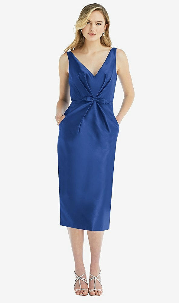 Front View - Classic Blue Sleeveless Bow-Waist Pleated Satin Pencil Dress with Pockets