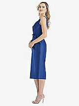 Side View Thumbnail - Classic Blue Sleeveless Bow-Waist Pleated Satin Pencil Dress with Pockets