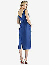 Rear View Thumbnail - Classic Blue Sleeveless Bow-Waist Pleated Satin Pencil Dress with Pockets