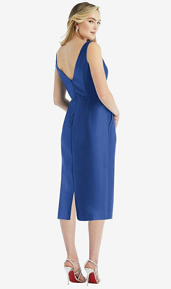 Back View - Classic Blue Sleeveless Bow-Waist Pleated Satin Pencil Dress with Pockets