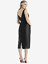 Rear View Thumbnail - Black Sleeveless Bow-Waist Pleated Satin Pencil Dress with Pockets